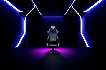 gaming chair in big neon room with copy space