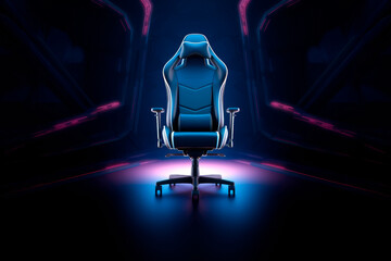Gaming chair on neon background with copy space