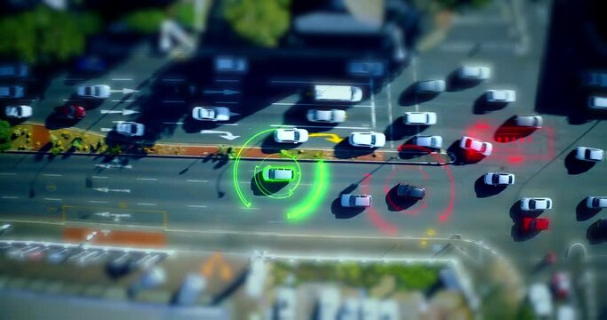 Traffic, tracking software and vehicle location with a satellite system activated for safety or security. Overhead, gps and threat identification with cars driving on the road, street or highway