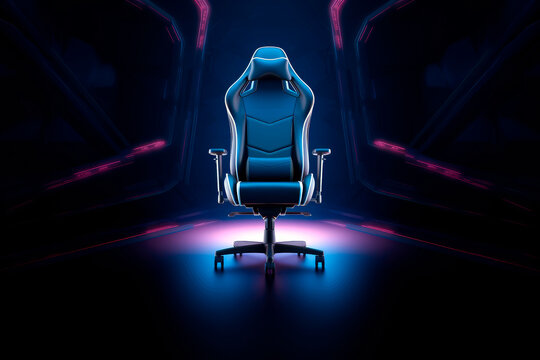 Gaming chair on neon background with copy space