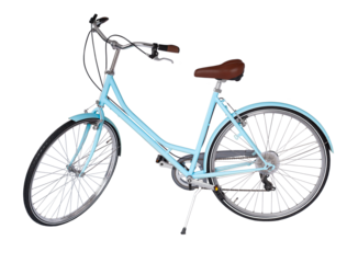 Blue retro bicycle, generic clean and new. Brown leather saddle and handles. Vintage look city bike. Png isolated on transparent background