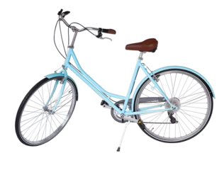 Foto auf Acrylglas Fahrrad Blue retro bicycle, generic clean and new. Brown leather saddle and handles. Vintage look city bike. Png isolated on transparent background
