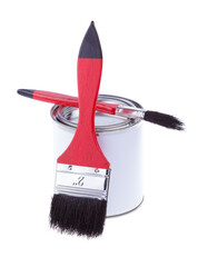 Generic can with paint and red paintbrushes for painting walls, furniture or art, png clipart...