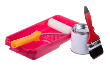 Red plastic paint tray, generic can with paint, paintbrush and white roller for painting walls, furniture or art, png clipart isolated cut out on transparent background