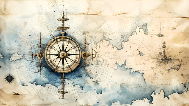 Vintage nautical exploration voyage grunge wallpaper mural background.  pirate and nautical explorer theme