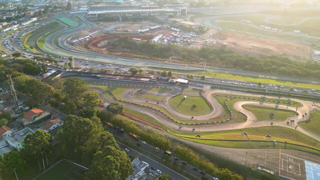 Aerial view of the region of Interlagos and Cidade Dutra in S&atilde;o Paulo. Houses, buildings and car traffic during late afternoon in 2023.