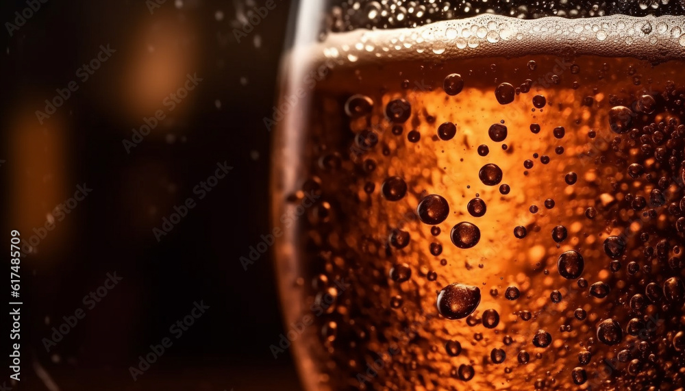 Sticker Frothy drink pouring into gold beer glass generated by AI