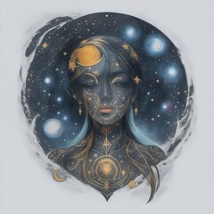 Design a tattoo showcasing a human figure surrounded by stars, moons, and celestial elements, representing a connection with the cosmos