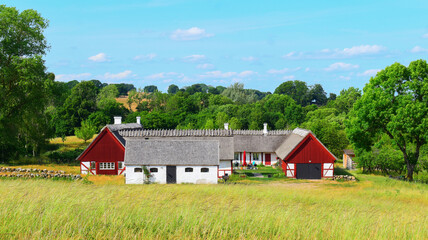 Traditional scandinavian red woden house in Haväng, Österlen, Sweden. Countryside house, selective focus.