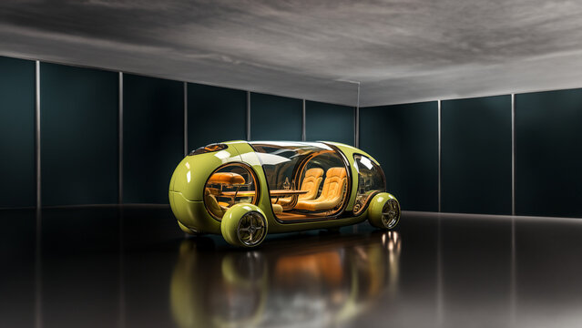 Formsch&ouml;nes autonomes CO2 neutrales Fahrzeug der Zukunft das ohne Fahrer auskommt, ai generativ