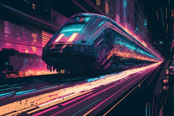 speeding train heading to cyberpunk city neon dark fantasy glitch art scary 