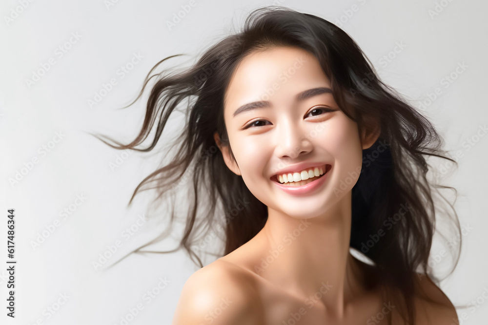 Wall mural charming asian teenager with long hair blowing in the breeze exudes positivity with a bright smile o