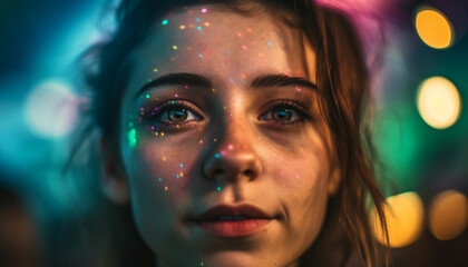 Young woman smiling, illuminated by colorful lights generated by AI