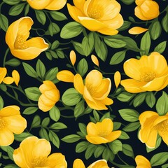 Photo seamless floral pattern with yellow flowers and dark background
