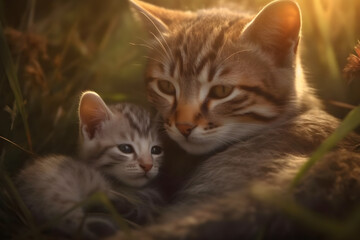 Naklejka na ściany i meble a cat with her baby kitten in the cozy twilight of a family nest, generative AI