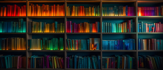 a bookshelf lined with books, books with colorful bindings on bookshelves . library wall with bright rainbow books with cozy backlight, backdrop for scientific presentation, generative ai - obrazy, fototapety, plakaty