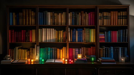 a bookshelf lined with books, books with colorful bindings on bookshelves in modern style. library wall with bright rainbow books with cozy backlight, backdrop for science presentation, generative ai - obrazy, fototapety, plakaty