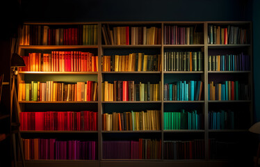 a bookshelf lined with books, books with colorful bindings on bookshelves in modern style. library wall with bright rainbow books with cozy backlight, backdrop for science presentation, generative ai