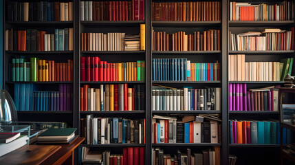bookshelf with multi-colored books, background consisting of a huge bookshelf lined with colored books of all colors of the rainbow, cute bright home library background, generative ai