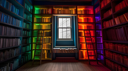 a bookshelf lined with books, books with colorful bindings on bookshelves with window. library wall with bright rainbow books with cozy backlight, backdrop for science presentation, generative ai - obrazy, fototapety, plakaty
