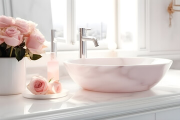 romantic light bath background with pink roses at sunset, generative ai