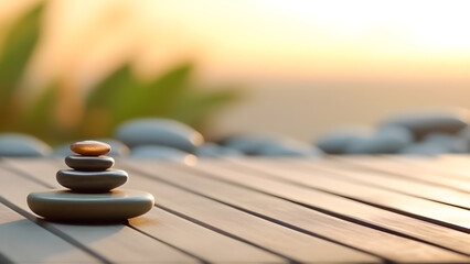 zen stones on wooden terrace with blurred background of peaceful nature, place for meditation with space for text, generative ai
