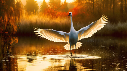 stork before taking off over the water at sunset, a bird with spread wings over a pond in the sunset rays of the golden hour, generative ai