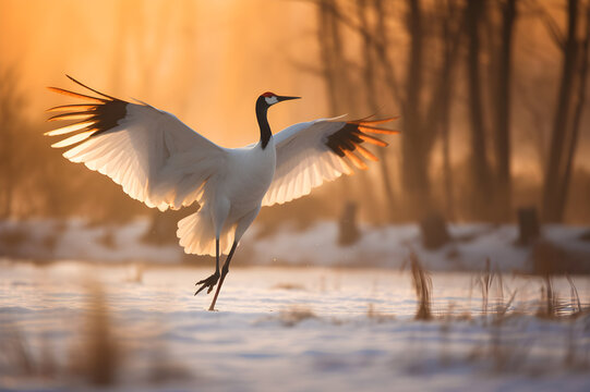stork before taking off over the water at sunset, a bird with spread wings over a pond in the sunset rays of the golden hour, generative ai