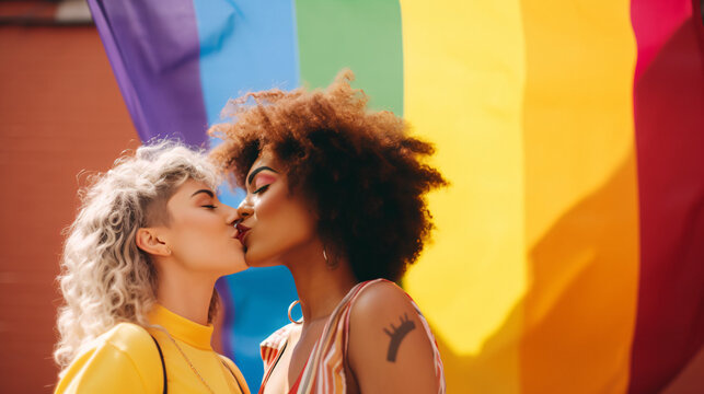 Diverse group of young people celebrating gay pride festival day - Lgbt community concept with two girls kissing outdoors - Multiracial trendy friends standing on a yellow background