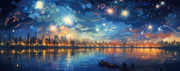 Painting of a starry night sky with fireworks