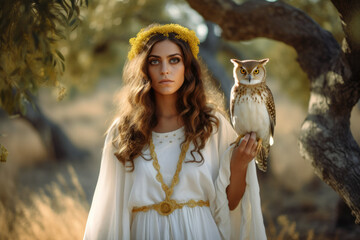 Greek goddess Athena holding an owl in her hand (generative AI)