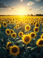 Obraz premium Panoramic view of a field of sunflower flowers. ai generative