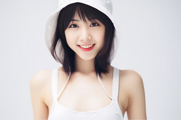 Beige-hatted Asian beauty steals the spotlight with her smooth skin and mesmerizing gaze against a pristine white background. Generative AI.