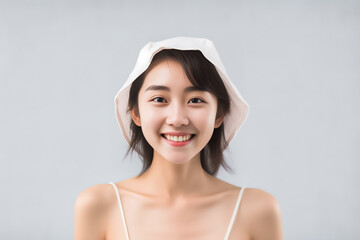 Beige-hatted Asian beauty steals the spotlight with her smooth skin and mesmerizing gaze against a pristine white background. Generative AI.