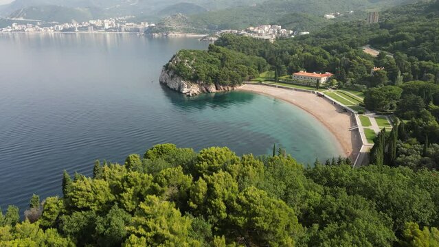 Beautiful Milocer beach. Summer. Montenegro. Drone. Adriatic sea and beautiful aerial view of Milocer beach and Sveti Stefan coast.