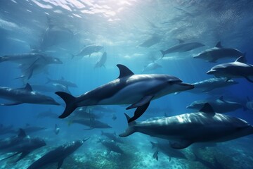 A detailed illustration of a group of marine creatures, such as dolphins or whales, in a stunning and vibrant ocean environment, Generative AI