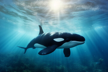 Naklejka premium Killer whale in the deep blue ocean. 3d rendering.