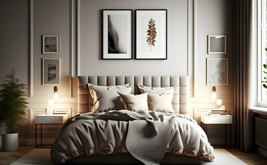 Modern bedroom in beige. Generative AI