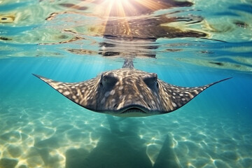 Manta ray swimming underwater in the ocean. Underwater world. stingray