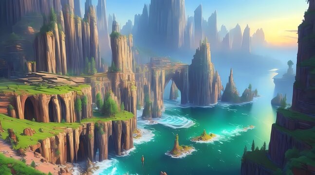 epic and beautiful landscape, illustration of natural landscape, impressive landscape of mountains, by generative ai