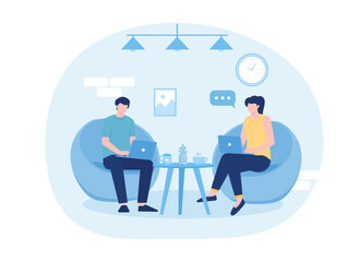 Man and woman is working using laptop at a media company trending flat illustration