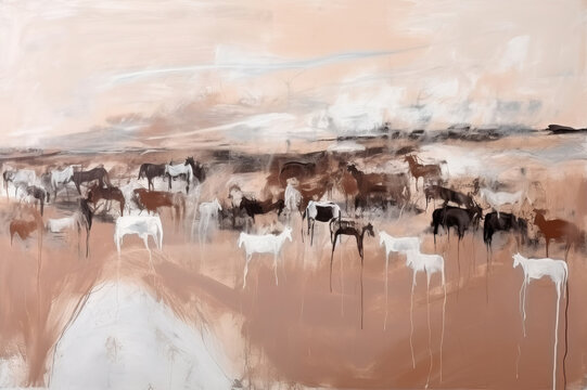 Abstract modern landscape with wild horses