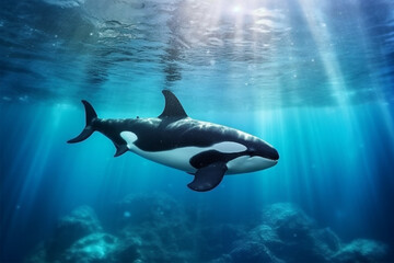 Obraz premium Killer whale swimming in the deep blue ocean with sunbeams
