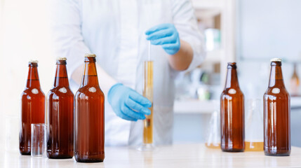 Concept brewery industry banner. Factory worker of laboratory testing beer, analysis drink in...