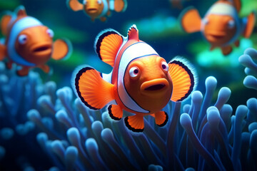 Clown anemonefish swimming in anemonene life - obrazy, fototapety, plakaty