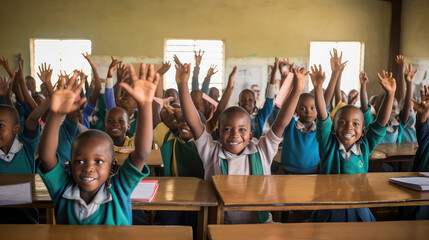 African kids in the classroom raising hands. Back to school