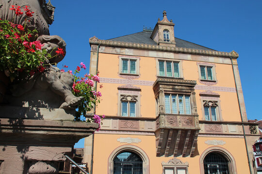 town hall and fountain in obernai in alsace (france) 