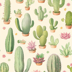 Seamless cactus and succulent pattern in vector illustration. Desert dreams