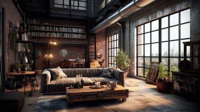 Masculine style attic apartment with natural sunlight, simple clean minimalist style walls and furnishings, generative AI