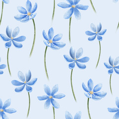 Seamless Floral Pattern with blue Flowers. Hand drawn watercolor illustration of print with wild forest plants on isolated background. Botanical backdrop with daisy for wrapping paper or textile.